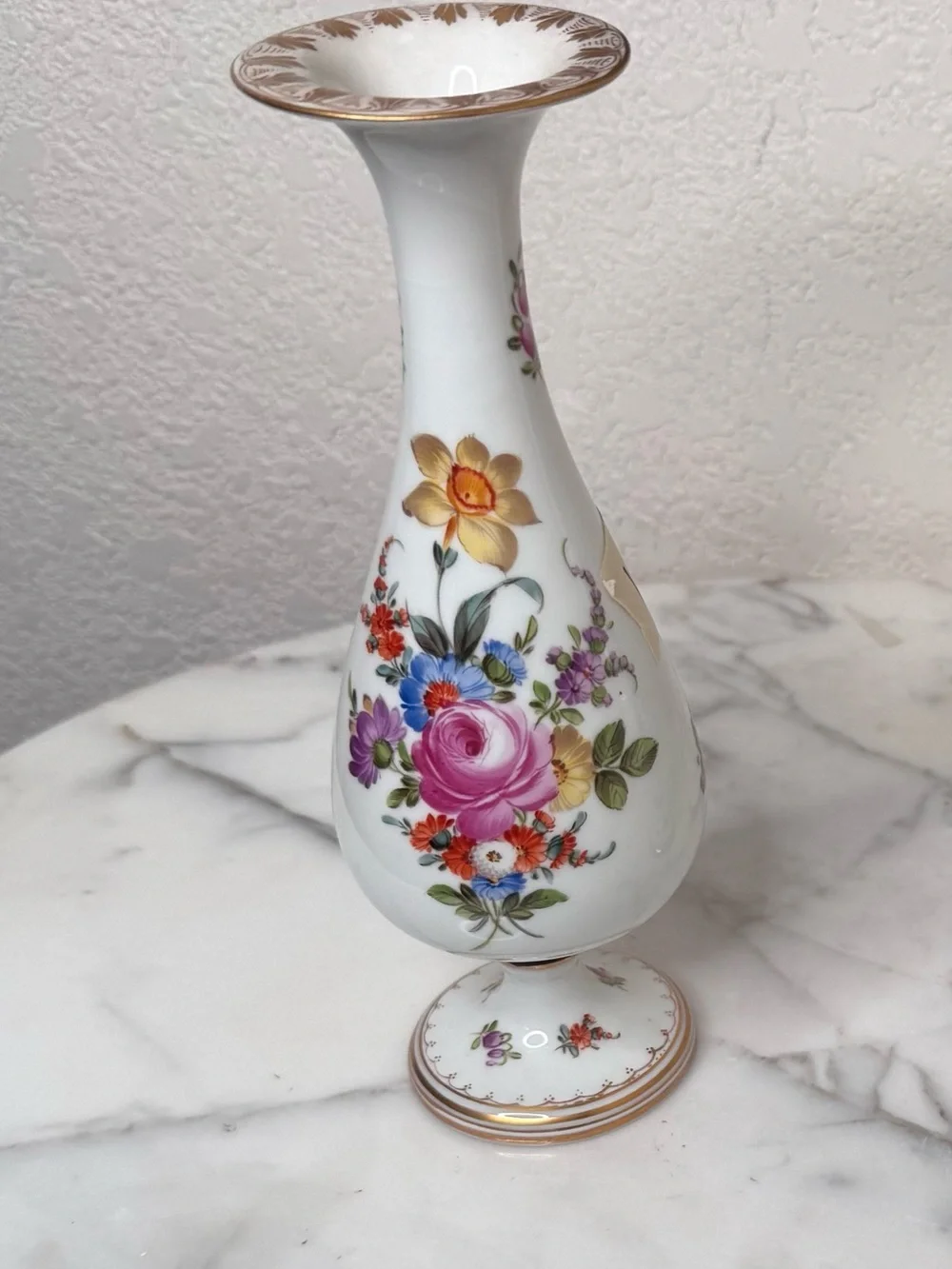 Germany antique Hand Painted Dresden trumpet style. vase pair or candle holders